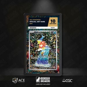 May include: A graded Pokémon card featuring Magikarp, a Special Art Rare from 2023. The card is graded a 10 Gem Mint. The artwork depicts Magikarp in a waterfall setting. The card is encased in a protective holder.