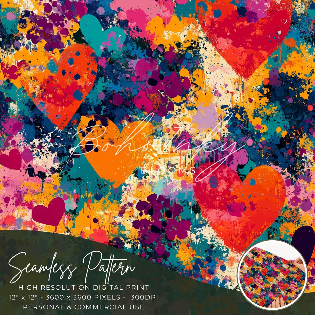 Splatter Paint Hearts Seamless Pattern, Tiling Pattern, Wallpaper, Boho ...