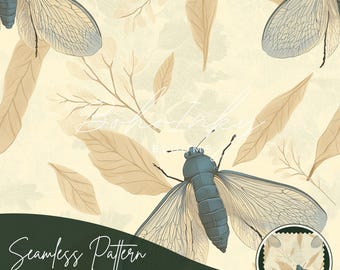 Seamless Cicada, Tiling Pattern, Wallpaper, Floral, Botanical, Insect, Moth, Cottagecore | Personal, Commercial