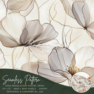 May include: Seamless pattern digital print featuring delicate, overlapping, white and gray flowers with gold accents. The pattern is 12 inches by 12 inches and has a resolution of 3600 by 3600 pixels at 300 DPI.  The print is suitable for personal and commercial use.