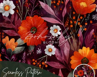 May include: Seamless pattern featuring vibrant orange and white floral blooms on a deep burgundy background. The design includes the text "Boho Lucky Blooms" and "Seamless Pattern". The digital print is 12" x 12" and suitable for personal and commercial use.