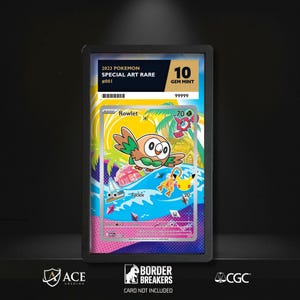 May include: A 2023 Pokemon Special Art Rare Rowlet trading card graded 10 Gem Mint by Ace Grading. The card features a colorful illustration of the character Rowlet against a tropical beach background with palm trees, a sailboat, and a Pikachu keychain.