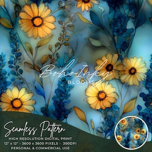 Op de afbeelding: Naadloos patroon met gele madeliefjes en blauwe wilde bloemen op een turquoise achtergrond. Het ontwerp bevat de tekst "Boho Inky Blooms" en "Seamless Pattern". Het patroon is 30,48 cm x 30,48 cm groot.
