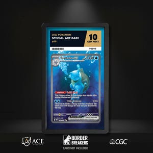 May include: A 2023 Pokemon Blastoise ex Special Art Rare trading card graded 10 Gem Mint by CGC. The card features a blue Blastoise character with water bubbles, the text Solid Shell and Twin Cannons, and is encased in a protective black slab.