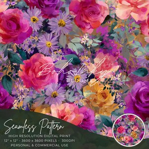 Boho Clusters of Roses Watercolor Seamless Pattern Digital, Seamless Print, Sublimation, Boho Floral, Wildflower, Commercial