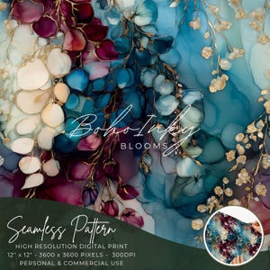 Pode incluir: Padrão digital sem costura com desenhos florais abstratos em tons de azul, roxo e dourado. O padrão é intitulado "Boho Inky Blooms" e está disponível para uso pessoal e comercial.