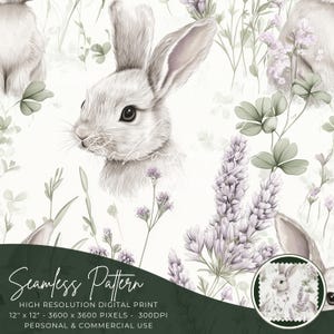 Padrão sem emenda de coelho de campo de lavanda digital, impressão sem emenda, sublimação | Flores boho, coelho, padrão floral animal, comercial