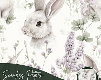 Lavender Field Rabbit Seamless Pattern Digital, Seamless Print, Sublimation | Boho Flowers, Bunny, Animal Floral Pattern, Commercial