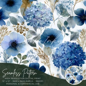 May include: A seamless digital pattern featuring watercolor-style blue flowers, including hydrangeas and anemones, with green leaves and wheat-like accents. The design is on a white background. The text "Seamless Pattern" and other details are included.
