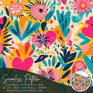 Verspielte Abstrakte Blumenherzen Musterdesign Digital, Nahtloser Druck, Sublimation, hell, Kinder, Floral, Boho, kommerziell
