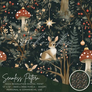 Animali del bosco di Natale stravaganti e scuri, modello senza cuciture, stampa digitale, sublimazione / Natale, cervo, fungo, inverno
