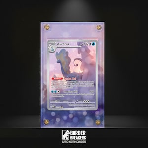 May include: A Pokémon trading card, featuring the character Aurorus, is encased in a clear protective holder. The card has a blue and purple color scheme with the text "Aurorus" and "170" visible. The holder is secured with four gold-colored screws.