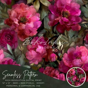 Deep Pink Peonies and Ruby Roses Alcohol Ink Seamless Pattern Digital, Seamless Print, Sublimation, Boho, Floral, Commercial