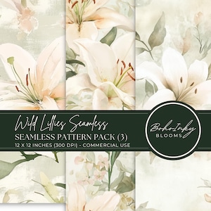 Wild Lillies Watercolor 3x Seamless Pattern Pack Digital, Seamless Print, Sublimation, Floral, Watercolor,  Muted, Commercial