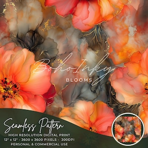 Alcohol Ink Orange Flower Seamless Pattern Digital, Seamless Print, Sublimation | Boho, Floral, Alcohol Ink, | Personal & Commercial