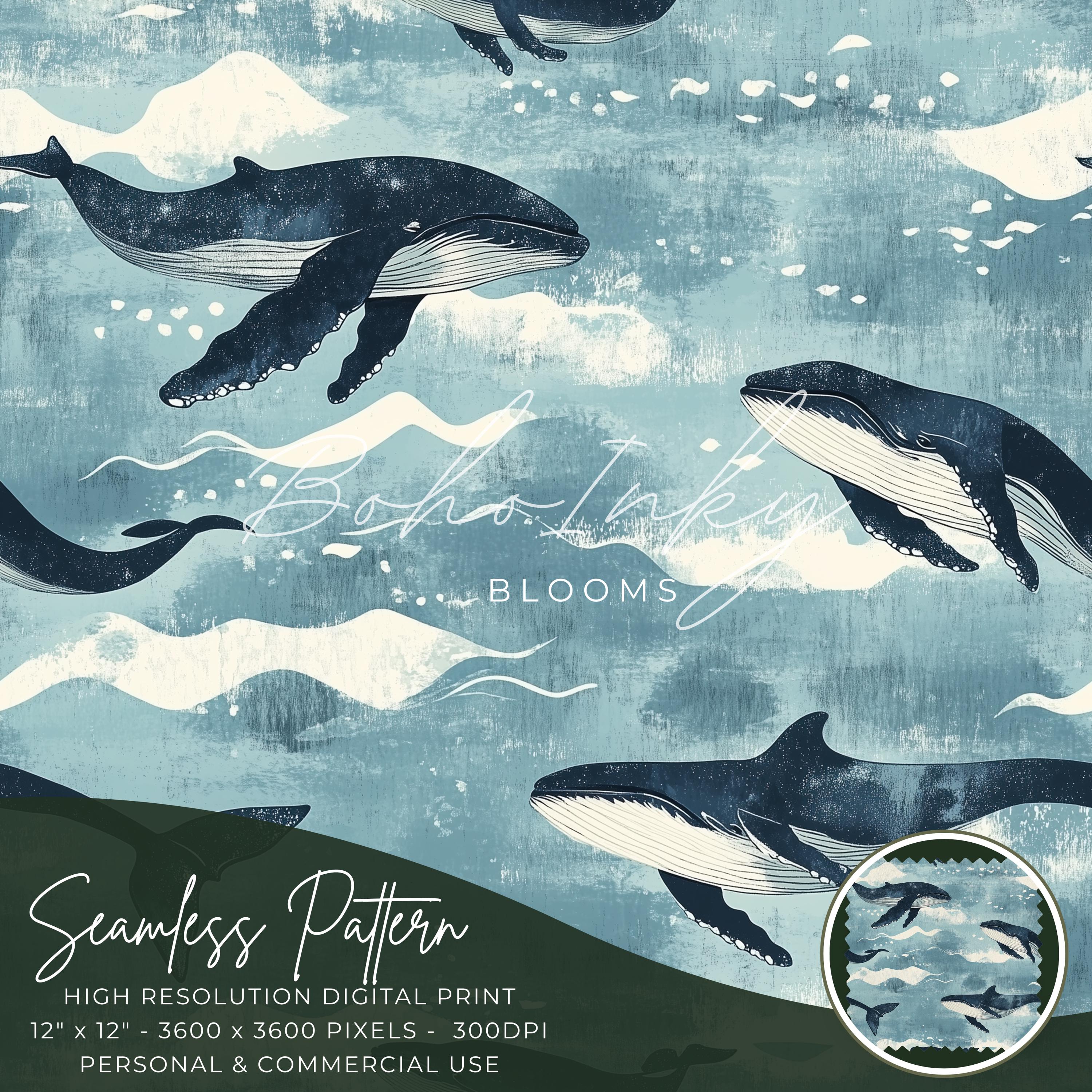 Serene Whale Seamless Pattern Digital, Seamless Print, Sublimation | Whale Pattern, Sea Creatures, Personal, Commercial
