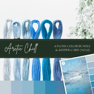 Könnte beinhalten: Ein Set mit sechs blauen Stickgarnrollen und einer passenden Farbkarte. Die Karte zeigt ein Foto eines Gletschers und den Text "Arctic Chill" und "No. 12".