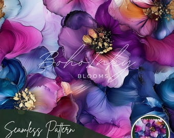 Violet Flower Alcohol Ink Oil Seamless Pattern Digital, Seamless Print, Sublimation | Boho, Floral, Alcohol Ink, Personal & Commercial