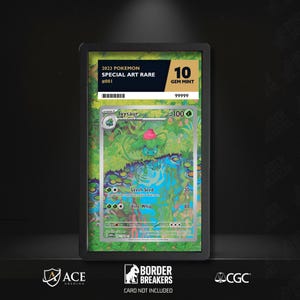 May include: A framed Pokémon trading card featuring an Ivysaur illustration. The card is graded as a Gem Mint 10. The card's artwork includes a green and blue background with the text "2023 Pokemon Special Art Rare #001".