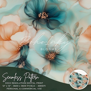 May include: Seamless digital pattern featuring abstract watercolor flowers in shades of teal, peach, and gold. The pattern is labeled "Boho Inky Blooms" and is 12 inches by 12 inches, 3600 by 3600 pixels, and 300 DPI. It is for personal and commercial use.