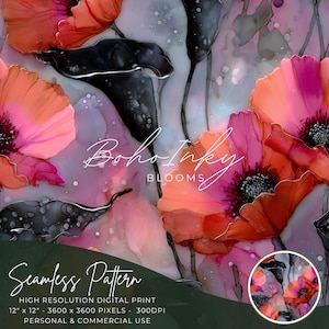 Coral Poppies Alcohol Ink Seamless Pattern Digital, Seamless Print, Sublimation, Boho, Floral, Alcohol Ink, Commercial