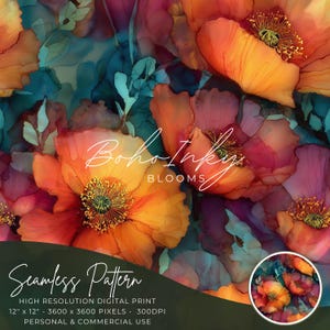 Coral Poppies Flowers Alcohol Ink Seamless Pattern Digital, Seamless Print, Sublimation, Boho, Floral, Alcohol Ink, Commercial
