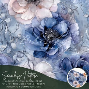 Pode incluir: Padrão digital sem costura com um design de aquarela de flores azuis e brancas com detalhes prateados. O padrão é chamado de "Boho Inky Blooms" e mede 12 polegadas por 12 polegadas, 3600 pixels por 3600 pixels e 300 DPI. É para uso pessoal e comercial.