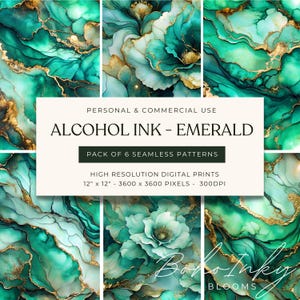 Alcoholinkt Luxe smaragd naadloze patroonbundel digitaal, naadloze print, sublimatie, jade, smaragd, goud, bloemen, commercieel