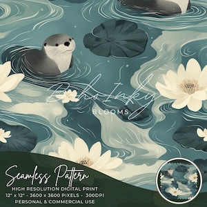 Puede incluir: Un patrón sin costuras con un fondo azul claro, flores de nenúfar blancas, nenúfares verdes y una nutria gris nadando en el agua. El texto "boho inky blooms" está escrito en el centro inferior de la imagen.