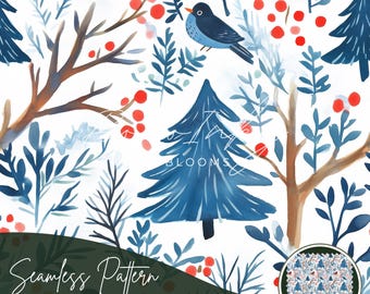 Winter Forest Watercolor Seamless Pattern Digital, Seamless Print, Sublimation | Christmas, Birds, Nordic, Winter, Holidays | Commercial