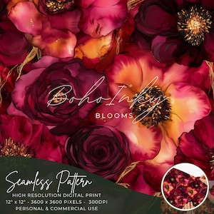 May include: A seamless pattern featuring a close-up of burgundy, red, and orange flowers with gold accents. The text "Boho Inky Blooms" is visible in the centre of the image. The pattern is 12 inches by 12 inches and 3600 pixels by 3600 pixels.