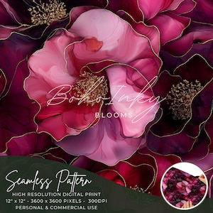 Könnte beinhalten: Ein nahtloses Muster mit abstrakten rosa und burgunderfarbenen Blumen mit goldenen Akzenten. Das Muster heißt "Boho Inky Blooms" und ist ein hochauflösender Digitaldruck, 30,5 cm x 30,5 cm, 3600 x 3600 Pixel, 300 DPI. Es ist für den persönlichen und kommerziellen Gebrauch bestimmt.
