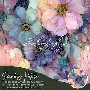May include: A seamless digital pattern featuring watercolor flowers in shades of pink, purple, blue, and gold. The design includes the text "Boho Inky Blooms" and "Seamless Pattern". The pattern is 12" x 12" and suitable for personal and commercial use.