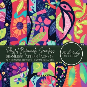 Playful Botanicals 3x Seamless Pattern Pack Digital, Seamless Print, Sublimation, Floral, Fun, Quirky,  Sublimation, Flowers, Commercial