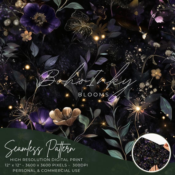 Dark Enchanted Flowers Seamless Pattern Digital, Seamless Print, Sublimation | Dark Flower, Purple Dark Flowers, Commercial