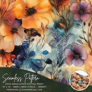 Lush Floral Garden Alcohol Ink Seamless Pattern Digital, Seamless Print, Sublimation, Boho, Floral, Alcohol Ink, Personal & Commercial