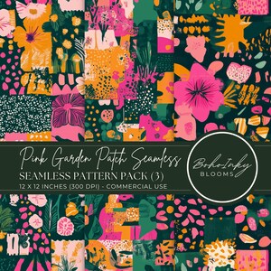 Puede incluir: Un paquete de papel digital con 3 patrones sin costuras que presentan diseños florales rosas, naranjas y verdes. Los patrones miden 30,48 cm por 30,48 cm y 300 DPI. El texto "Pink Garden Patch Seamless" y "Boho Inky Blooms" está incluido en la imagen.