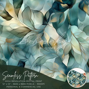 Ingewikkelde bladeren alcoholinktpatroon Digitaal, naadloze print, sublimatie | Stoffig blauw, bloemen, bladeren, botanisch, gouden details, commercieel