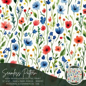 Petits motifs floraux de pré de pavots sans couture numérique, impression transparente, sublimation | Petite fleur, florale, fleur sauvage, personnelle, commerciale