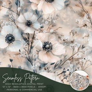 Può includere: Un motivo senza cuciture con fiori bianchi e grigi su uno sfondo marrone chiaro. Il motivo si chiama "Boho Inky Blooms" e misura 12 pollici per 12 pollici, 3600 per 3600 pixel e 300 DPI. È per uso personale e commerciale.