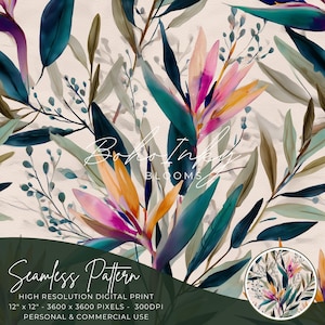 May include: Seamless pattern featuring watercolor-style botanical illustrations. The design showcases vibrant flowers in shades of pink, orange, and purple, complemented by teal and green leaves. The text "Boho Ink Blooms" and "Seamless Pattern" are visible.