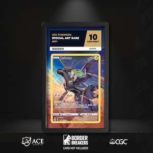 May include: A graded Pokémon card featuring Zekrom, a black dragon-like creature, with a woman riding it. The card is labeled "2023 Pokemon Special Art Rare" and graded as "Gem Mint 10". The card is in a black holder.