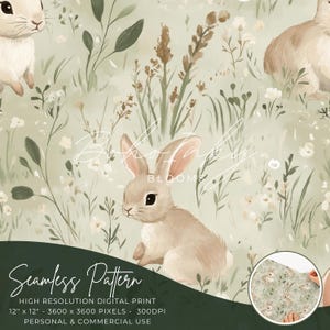 Sage Meadow Bunny Seamless Pattern Digital, nahtloser Druck, Sublimation | Boho Blumen, Kaninchen Tier Blumenmuster, Werbung