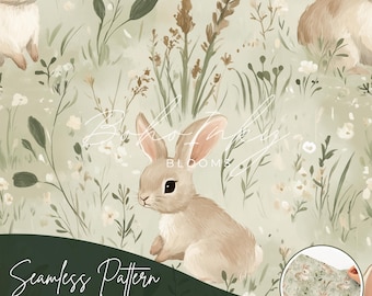 Sage Meadow Bunny Seamless Pattern Digital, Seamless Print, Sublimation | Boho Flowers, Rabbit Animal Floral Pattern, Commercial