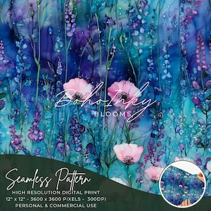 Ätherische Wiese Alkohol Tinte Öl nahtlose Muster Digital, Nahtloser Druck, Sublimation, Boho, Blumen, Alkohol Tinte, kommerziell, blau, lila