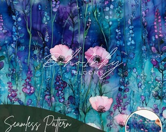 Ethereal Meadow Alcohol Ink Oil Seamless Pattern Digital, Seamless Print, Sublimation, Boho, Floral, Alcohol Ink, Commercial, Blue, Lilac