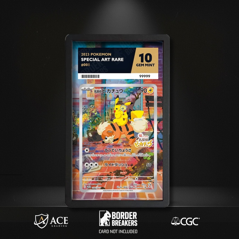 May include: A graded Pok&eacute;mon card featuring Pikachu and Growlithe from the 2023 Special Art Rare series. The card is graded GEM MINT 10 and includes Japanese text. The card is encased in a black holder with the Border Breakers logo.