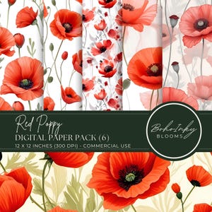 Red Poppy Digital Paper | Floral Digital Paper | Printable Digital Paper Pack | Commercial Use | Card Making | Crafting Paper