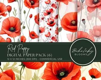 Red Poppy Digital Paper | Floral Digital Paper | Printable Digital Paper Pack | Commercial Use | Card Making | Crafting Paper