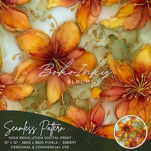 Warm Amber Lillies Alcohol Ink Seamless Pattern Digital, Seamless Print, Sublimation, Boho, Floral, Alcohol Ink, Commercial